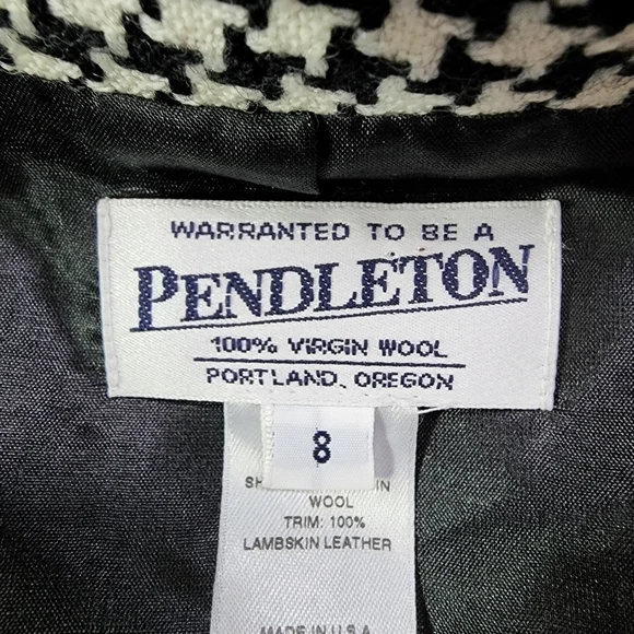 Pendleton Black & White Houndstooth 100% Wool Lamb Leather Trim Zip Up B…